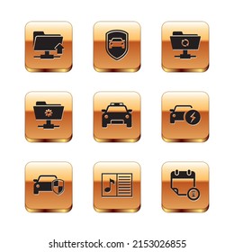 Set FTP folder upload, Car protection or insurance, Music book with note, Police car and flasher, settings and sync refresh icon. Vector