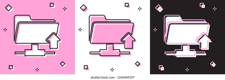 Set FTP folder upload icon isolated on pink and white, black background. Software update, transfer protocol, router, teamwork tool management, copy process.  Vector Illustration