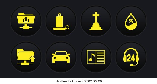 Set FTP folder upload, Water drop percentage, Car, Music book with note, Tombstone cross and Burning candle in candlestick icon. Vector