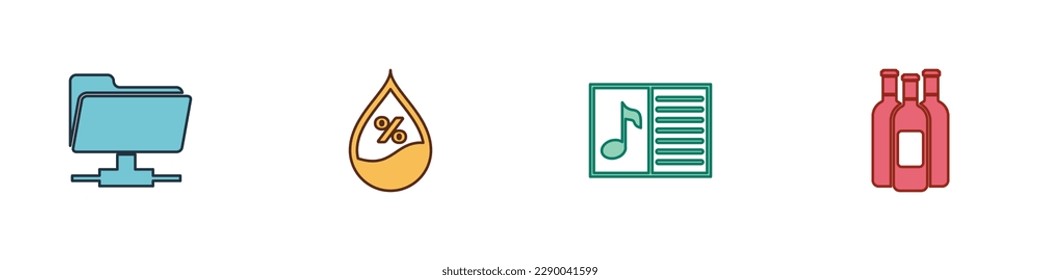 Set FTP folder, Water drop percentage, Music book with note and Bottles of wine icon. Vector