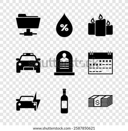 Set FTP folder, Water drop percentage, Burning candles, Electric car, Bottle of wine and Paper money dollars cash icon. Vector