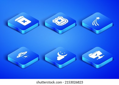 Set FTP operation successful, Trash can, Cloud with moon and stars, UFO abducts cow, Police badge and Falling icon. Vector