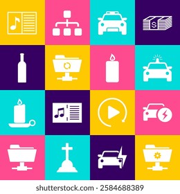 Set FTP settings folder, Electric car, Police and flasher, , sync refresh and Bottle of wine icon. Vector