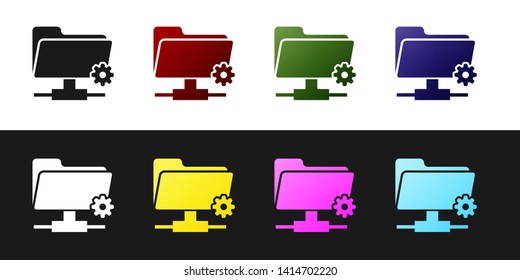 Set FTP settings folder icon isolated on black and white background. Concept of software update, transfer protocol, router, teamwork tool management, copy process. Vector Illustration