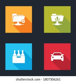 Set FTP settings folder, upload, Bottles of wine box and Car icon. Vector.
