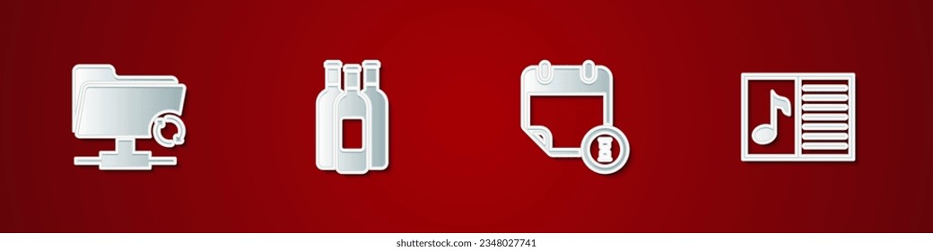 Set FTP sync refresh, Bottles of wine, Calendar and clock and Music book with note icon. Vector