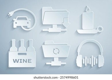 Set FTP sync refresh, Burning candle in candlestick, Bottles of wine box, Headphone sound waves, folder download and Electric car icon. Vector