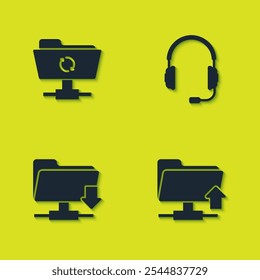 Set FTP sync refresh, folder upload, download and Headphones with microphone icon. Vector
