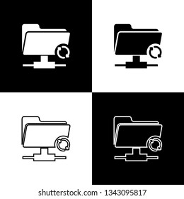 Set FTP sync refresh icons on black and white background. Concept of software update, transfer protocol, router, teamwork tool management. Line, outline and linear icon. Vector Illustration