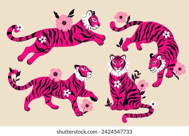 Set of fuchsia fancy graceful tigers in different poses. Vector graphics.