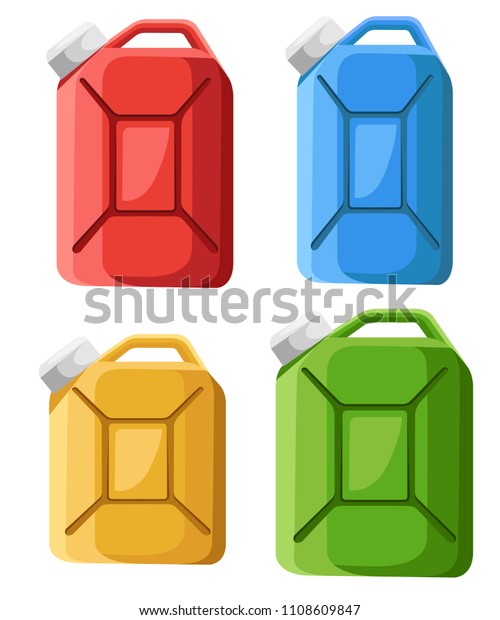 Set of fuel canister icon. Fuel container\
jerrycan. Colorful gasoline canister. Flat design style. Vector\
illustration isolated on white\
background.