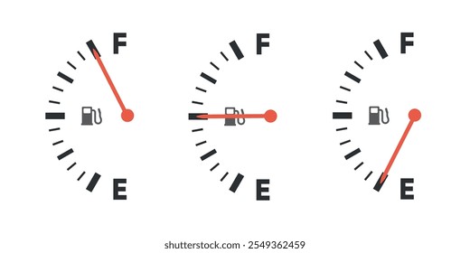 Conjunto de iconos de indicador de combustible que muestran los niveles completo, medio y vacío. Diseño de estilo plano aislado sobre fondo blanco.