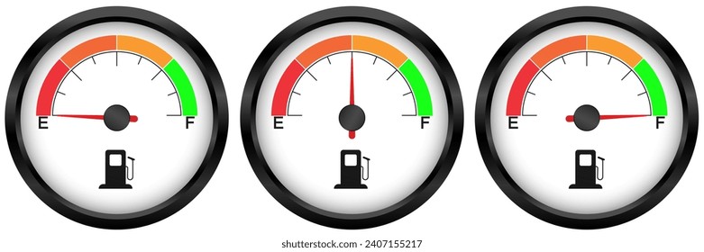 Juego de indicadores de combustible. medio bajo y tanque lleno. Tablero redondo blanco de coches 3d. Indicador y sensor de combustible. Vector aislado sobre fondo blanco.