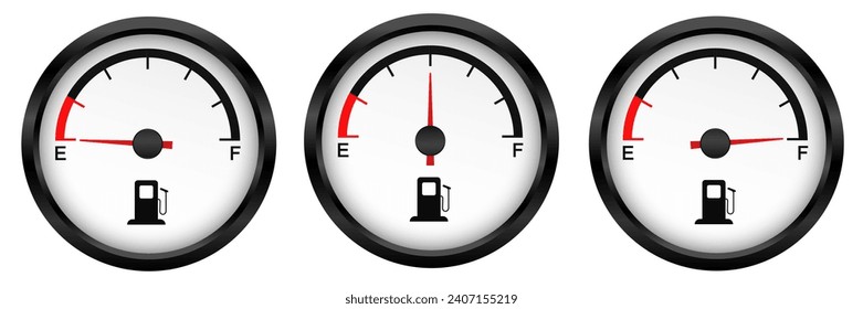 Juego de indicadores de combustible. medio bajo y tanque lleno. Tablero redondo blanco de coches 3d. Indicador y sensor de combustible. Vector aislado sobre fondo blanco.