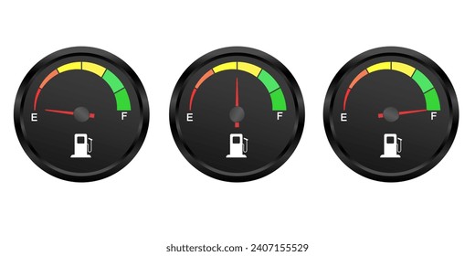 Set of Fuel gauge. low middle and a full tank. Round black car dashboard 3d. Fuel Indicator and Sensor. Vector isolated on white background.