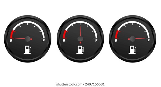 Set of Fuel gauge. low middle and a full tank. Round black car dashboard 3d. Fuel Indicator and Sensor. Vector isolated on white background.