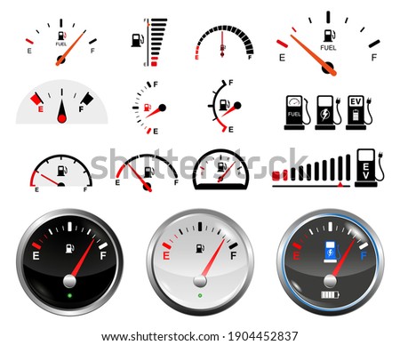 set of fuel gauge scales or fuel indicator tank or electric car energy indicator concept. eps 10 vector, 