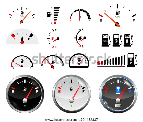 set of fuel gauge\
scales or fuel indicator tank or electric car energy indicator\
concept. eps 10 vector, 