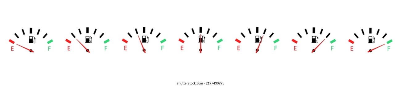 Set of fuel indicator from empty to full. Car panel. Level petrol and diesel on car. Control panel. Measurement dial.