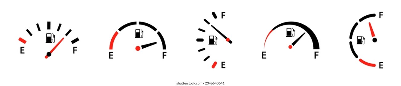 Set of fuel indicator vector icons. Car panel. Level petrol and diesel on car. Control panel. Measurement dial.