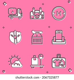 Set Fuel tanker truck, Aircraft steering helm, Helicopter landing pad, Plane propeller, Metal detector airport, Sun cloud weather and Scale with suitcase icon. Vector