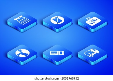 Set Fuel Tanker Truck, Plane, Airline Ticket, Worldwide, No Cell Phone And Suitcase Icon. Vector