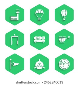 Set Fuel tanker truck, Plane propeller, Radar with targets on monitor, Helicopter, Cone meteorology windsock wind vane, Metal detector airport, Hot balloon and Airport control tower icon. Vector