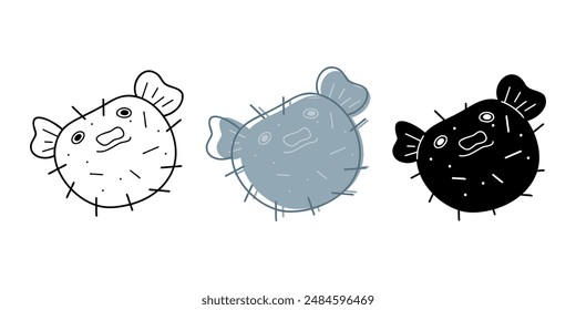 Set with fugu fish in different colors. Doodle clip art for your projects.