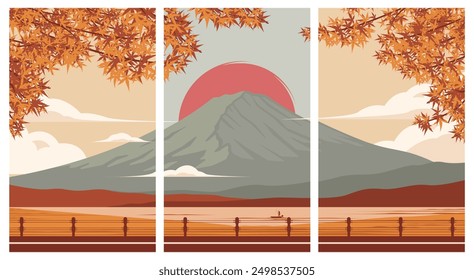 set of fuji mountain japan travel park poster illustration design, mountain and sunset view vector background design