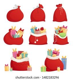 Set full bag of gifts from Santa Claus. Christmas decorative element. Flat vector illustration