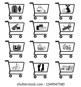 Set a full basket with different goods. Basket with food, beer, fruit, clothes. Flat Vector Symbol