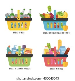 Set Full basket with different goods. Basket with food, beer, fruits and vegetables and household cleaning products. Flat vector icon.