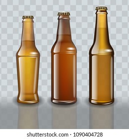 Set of full beer bottles on transparent background.