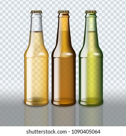 Set of full beer bottles on transparent background.
