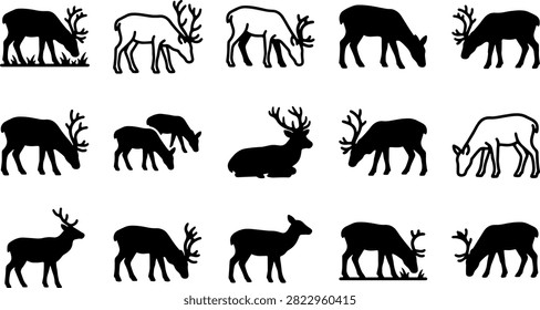 Set of full body deer silhouettes in various poses: grazing, standing, and bowing. Depicts wildlife in natural habitat, perfect for nature themes and designs.