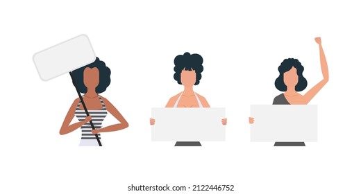 A set of Full Body Girls protest with a banner. Isolated on white background. Flat style. Vector illustration.
