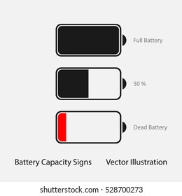 Set Of Full Charged, Half Charged And Dead Battery. Battery Capacity Sign Isolated On White Background. Vector Illustration