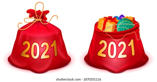 Set full closed and open santa claus red bag. Isolated on white vector cartoon illustration