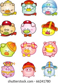 Set of full clour cartoon funny chinese pings icons, illustrator Vector