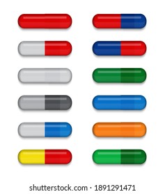 Set of full colored Medical pill on white  background. Virus capsule. The medicine. Vector Illustration