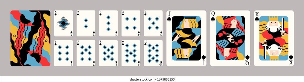 Set of full deck spades card original design in vector editorial cartoon style. Creative colorful front and back sides of playing cards isolated. Symbol of entertainment poker, blackjack, casino