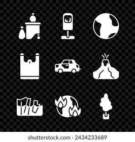 Set Full dustbin, Trash can, Earth globe, Glacier melting, Global warming fire, Tree, Plastic bag and Car icon. Vector