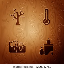 Set Full dustbin, Withered tree, Glacier melting and Meteorology thermometer on wooden background. Vector