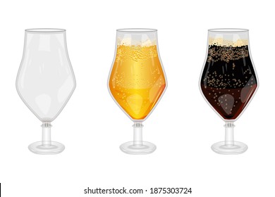 Set of full and empty beer glass isolated on white background. Empty, lager and dark beer glasses with bubbles.Three mugs of blank, light and porter beer.Patrick day or oktoberfest.Vector illustration