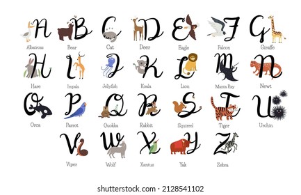 Set with full English alphabet, with animal names from a to z. Hand drawn cute childish animals and capital calligraphy letters in cartoon flat design, isolated on white vector illustrations