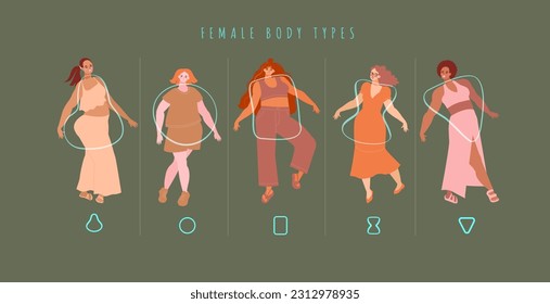 Set of full female body types circle, triangle, pear, hourglass and rectangle. Different women  demonstrate different body shapes. Vector illustration of chubby girls with different skins isolated.