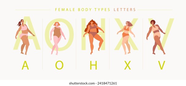 Conjunto de tipos completos de cuerpo femenino indicados por letras. Diferentes mujeres con traje de baño muestran diferentes formas corporales. Ilustración vectorial de niñas chubby con diferente piel aislada.