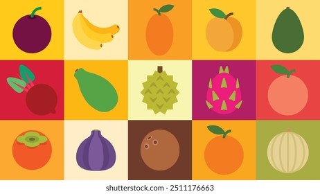 A set of full fresh fruits, Passion Fruit, Banana, Kumquat, Apricot, Avocado, Beet, Papaya, Durian, Dragon fruit, Grapefruit, Persimmon, Fig, Coconut, Orange, Melon, simple flat vector illustration.