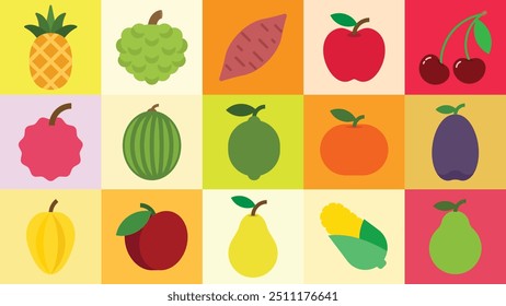 A set of full fresh fruits, Pineapple, Annona, Sweet potato, Apple, Cherry, Litchi, Watermelon, Sweet lime, Mandarin, plum, Carambola, Pear, Corn, Guava, simple flat vector illustration.