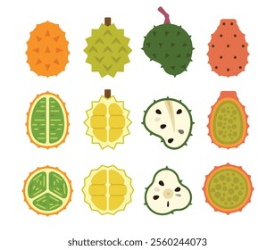 A set of full fresh tropical fruits, Slice of Horned Melon, Prickly Pear, Soursop, Durian, simple flat vector.